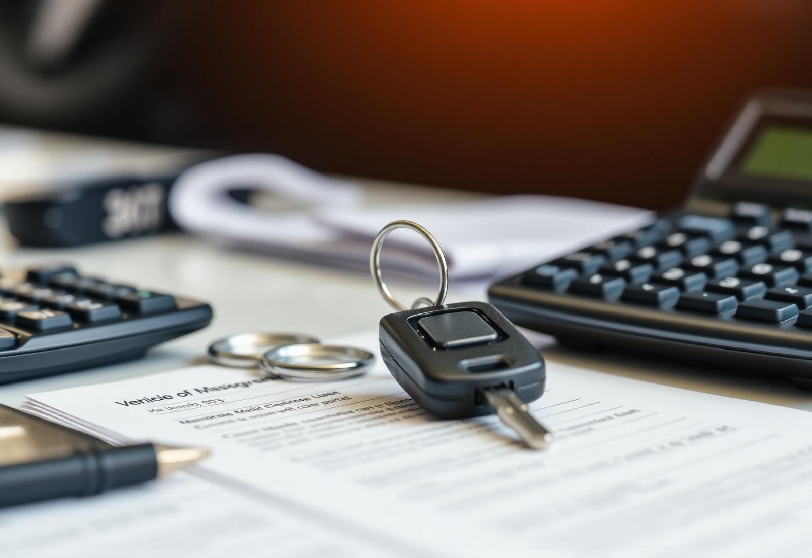 Chave de veículo sobre documentos e calculadora em uma mesa de escritório